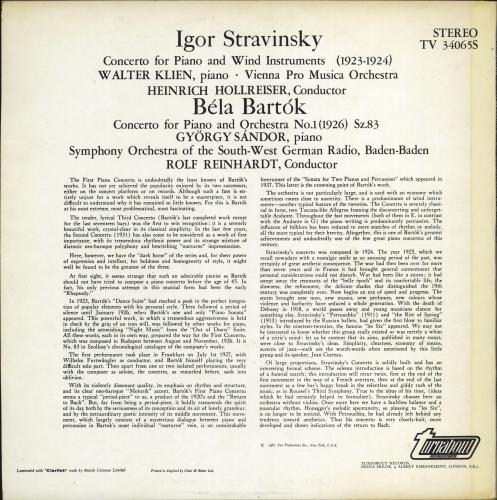 Various-Classical & Orchestral Stravinsky: Concerto For Piano & Wind Orchestra / Bartok: Piano Concerto No. 1 vinyl LP album (LP record) UK VAFLPST770858