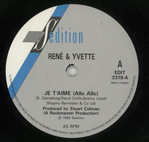 Various-Film, Radio, Theatre & TV Je T'Aime (Allo Allo) 7" vinyl single (7 inch record / 45) UK FVA07JE805425