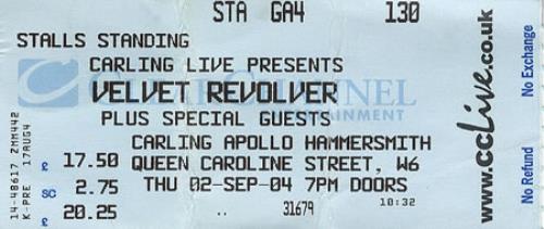 Velvet Revolver Carling Apollo, Hammersmith concert ticket UK VVRTICA368191