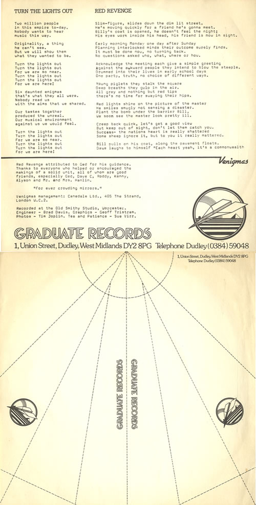 Venigmas Turn The Lights Out - P/S 7" vinyl single (7 inch record / 45) UK VGZ07TU599374