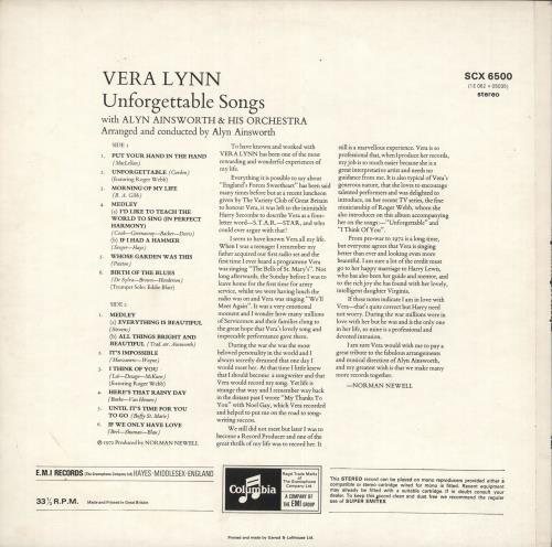 Vera Lynn Unforgettable Songs vinyl LP album (LP record) UK VRNLPUN730920