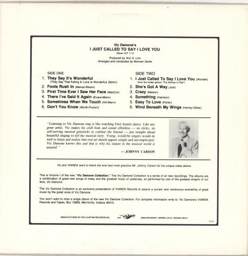 Vic Damone I Just Called To Say I Love You vinyl LP album (LP record) US VDELPIJ711266
