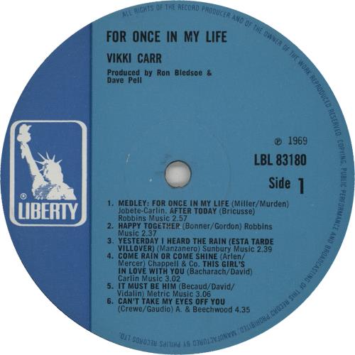 Vikki Carr For Once In My Life vinyl LP album (LP record) UK VKCLPFO752180