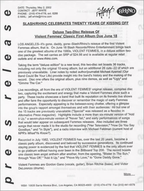 Violent Femmes Violent Femmes media press pack US VIOPPVI220008