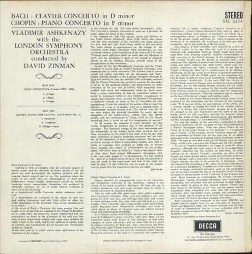 Vladimir Ashkenazy Bach: Concerto in D Minor / Chopin: Piano Concerto No. 2 in F Minor vinyl LP album (LP record) UK VL2LPBA530442