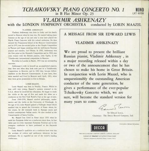 Vladimir Ashkenazy Tchaikovsky: Piano Concerto No. 1 vinyl LP album (LP record) UK VL2LPTC812055