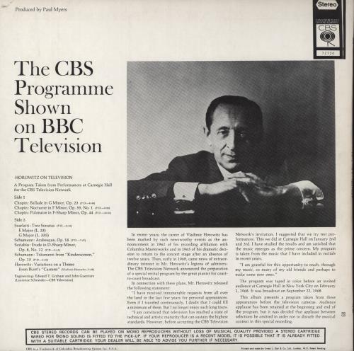 Vladimir Horowitz Horowitz On Television vinyl LP album (LP record) UK VL0LPHO887449