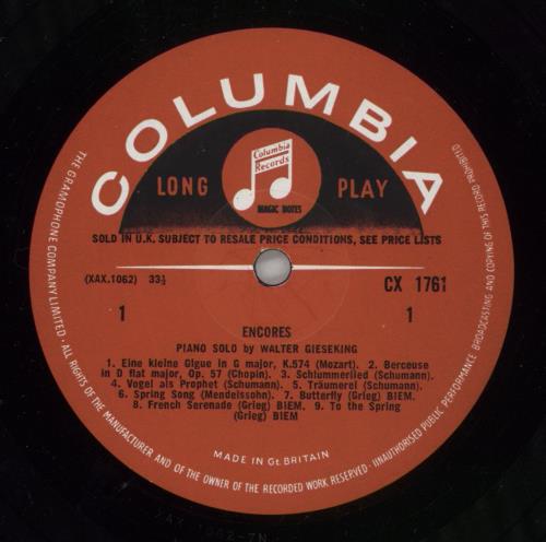Walter Gieseking Encores vinyl LP album (LP record) UK XCLLPEN863949