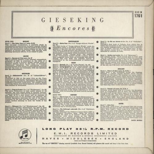 Walter Gieseking Encores vinyl LP album (LP record) UK XCLLPEN863949