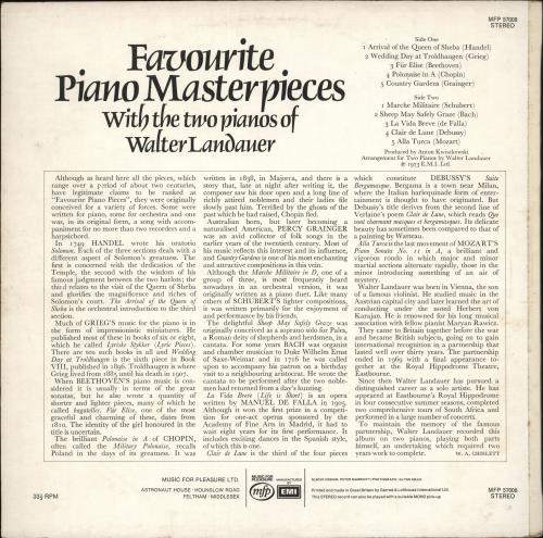 Walter Landauer Favourite Piano Masterpieces vinyl LP album (LP record) UK Y6LLPFA710330