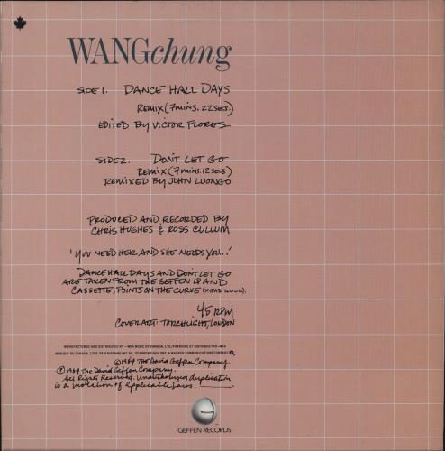 Wang Chung Dance Hall Days - Remix 12" vinyl single (12 inch record / Maxi-single) Canadian WAN12DA98685