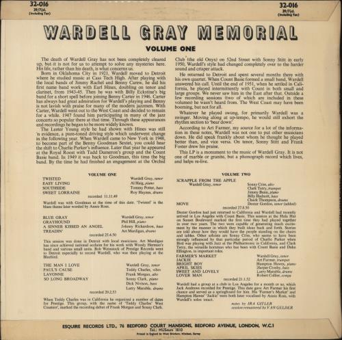 Wardell Gray Memorial - Volume One vinyl LP album (LP record) UK WRGLPME469618