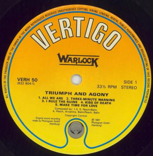 Warlock Triumph And Agony vinyl LP album (LP record) German WLKLPTR242376