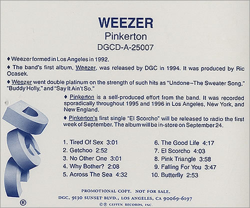 Weezer Pinkerton + Back Insert CD album (CDLP) US WEECDPI249743