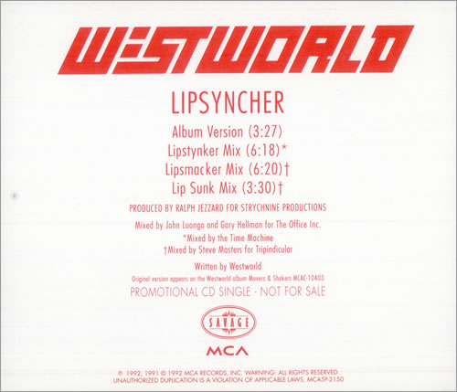 Westworld Lipsyncher CD single (CD5 / 5") US WWOC5LI02484
