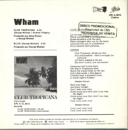 Wham Club Tropicana 7" vinyl single (7 inch record / 45) Spanish WHA07CL697535