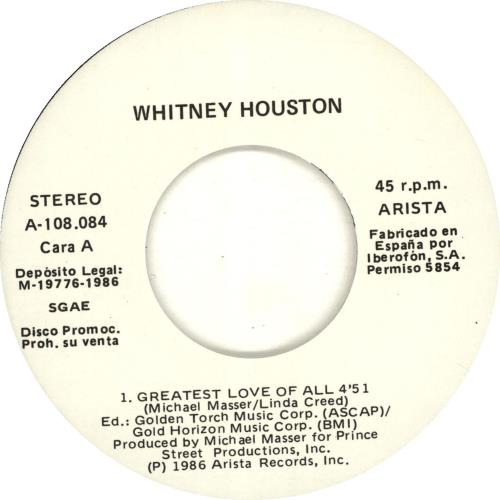 Whitney Houston Greatest Love Of All 7" vinyl single (7 inch record / 45) Spanish HOU07GR60394