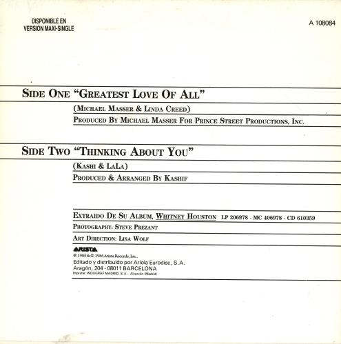 Whitney Houston Greatest Love Of All 7" vinyl single (7 inch record / 45) Spanish HOU07GR60394