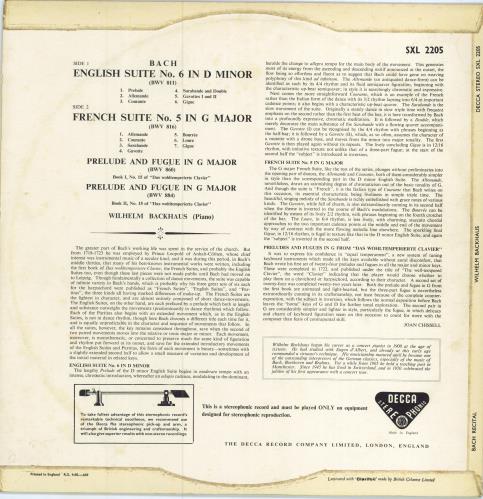 Wilhelm Backhaus Bach Recital vinyl LP album (LP record) UK XYOLPBA783687