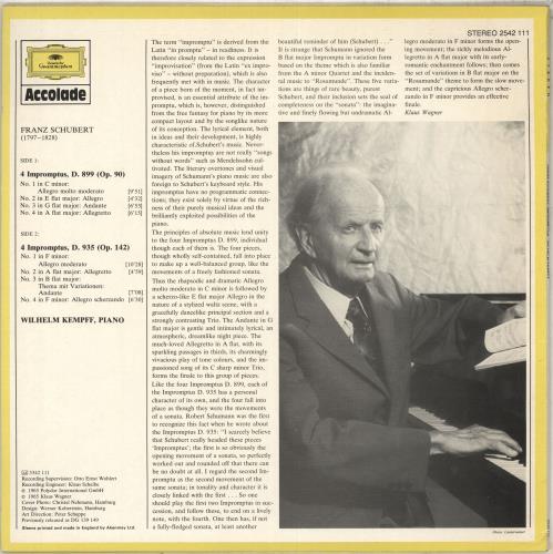 Wilhelm Kempff Franz Schubert Impromptus vinyl LP album (LP record) UK W2LLPFR711416
