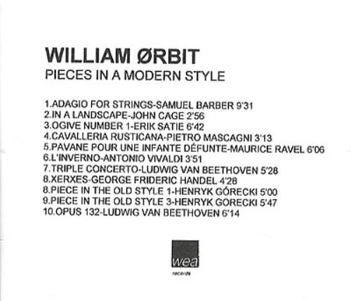 William Orbit Pieces In A Modern Style CD-R acetate UK WLMCRPI150814