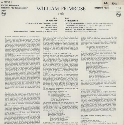 William Primrose Walton: Concerto For Viola And Orchestra vinyl LP album (LP record) UK 23WLPWA761743