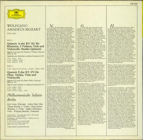 Wolfgang Amadeus Mozart Clarinet Quintet in A, K.581 & Oboe Quartet in F, K.370 vinyl LP album (LP record) UK WZMLPCL770680