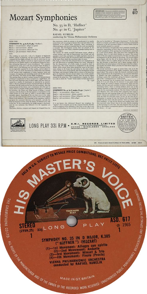 Wolfgang Amadeus Mozart 'Haffner' And 'Jupiter' Symphonies vinyl LP album (LP record) UK WZMLPHA612195
