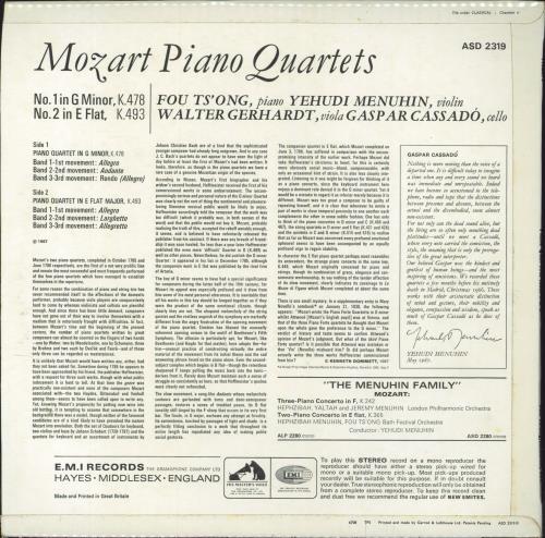 Wolfgang Amadeus Mozart Mozart Piano Quartets vinyl LP album (LP record) UK WZMLPMO798837