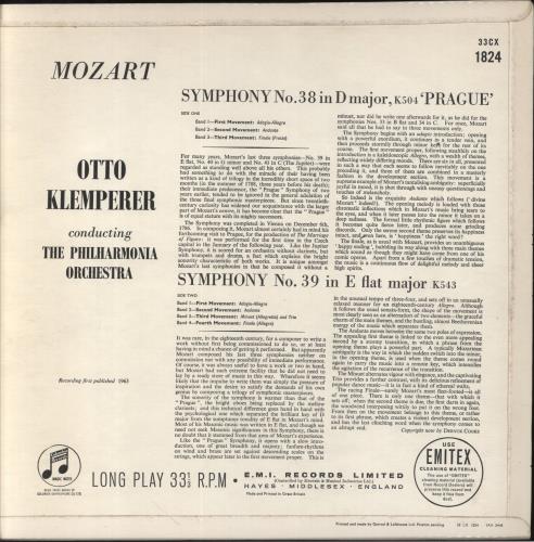 Wolfgang Amadeus Mozart Mozart Symphonies: No.38 in D, "Prague" & No.39 in E Flat vinyl LP album (LP record) UK WZMLPMO857041