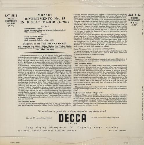Wolfgang Amadeus Mozart Mozart: Divertimento No. 15 In B Flat Major K. 287 vinyl LP album (LP record) UK WZMLPMO862259