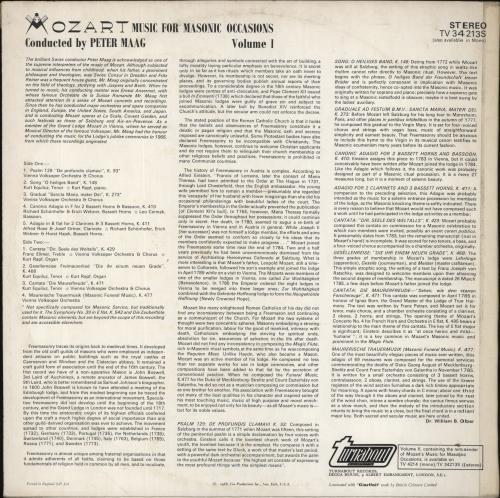 Wolfgang Amadeus Mozart Mozart: Music For Masonic Occasions 2-LP vinyl record set (Double LP Album) UK WZM2LMO857724