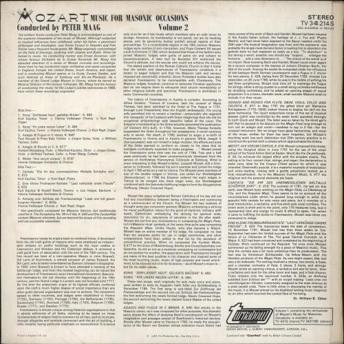 Wolfgang Amadeus Mozart Mozart: Music For Masonic Occasions 2-LP vinyl record set (Double LP Album) UK WZM2LMO857724