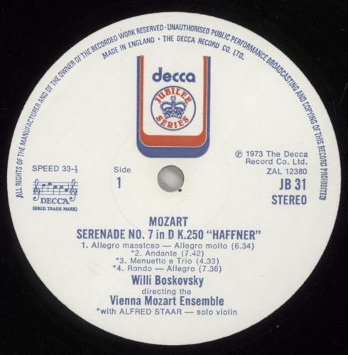 Wolfgang Amadeus Mozart Mozart: Serenade No.7 In D, K.250 "Haffner" vinyl LP album (LP record) UK WZMLPMO874915