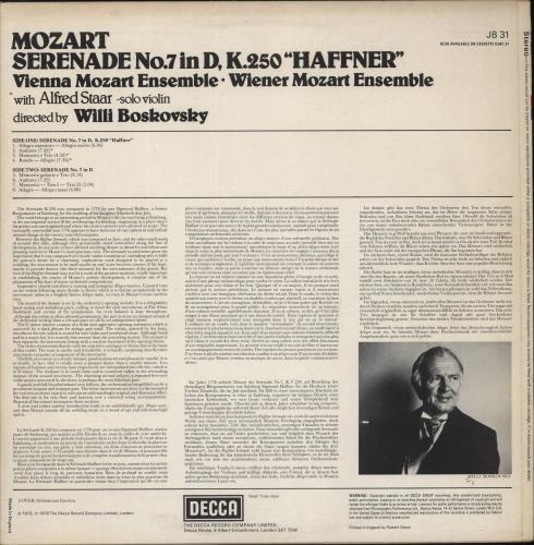 Wolfgang Amadeus Mozart Mozart: Serenade No.7 In D, K.250 "Haffner" vinyl LP album (LP record) UK WZMLPMO874915