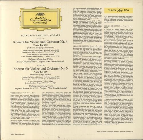 Wolfgang Amadeus Mozart Mozart: Violinkonzerte D-dur KV 218 Und A-dur KV 219 vinyl LP album (LP record) German WZMLPMO860501