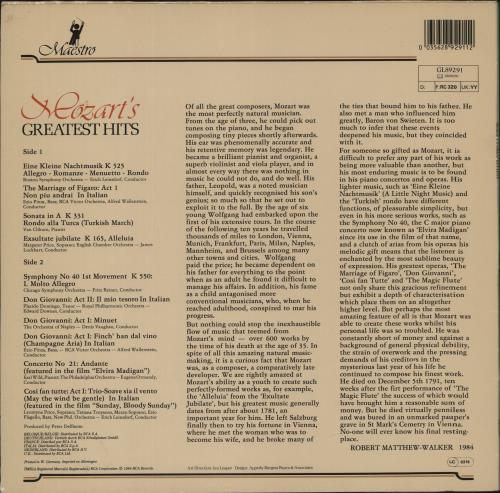Wolfgang Amadeus Mozart Mozart's Greatest Hits vinyl LP album (LP record) UK WZMLPMO870189