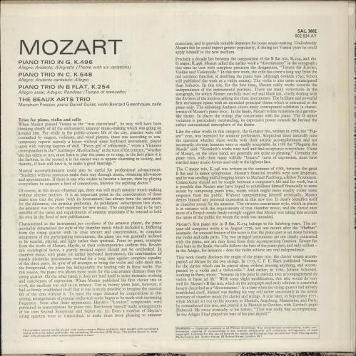 Wolfgang Amadeus Mozart Piano Trio (Sonata) In G, K. 496 / Piano Trio In C, K. 548 / Divertimento A3 In B Flat, K. 254 vinyl LP album (LP record) UK WZMLPPI862248