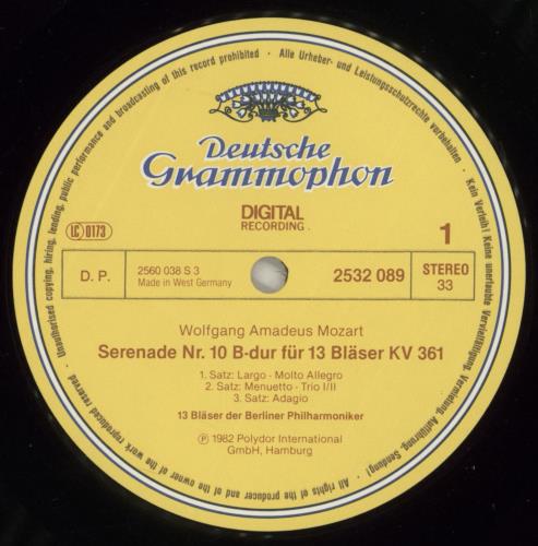 Wolfgang Amadeus Mozart Serenade K.361 For 13 Wind Instruments vinyl LP album (LP record) German WZMLPSE761647