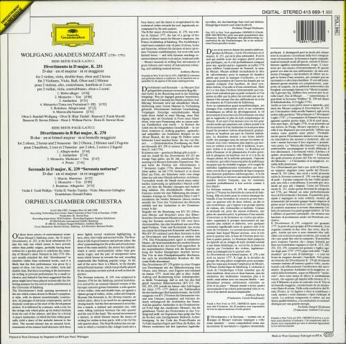 Wolfgang Amadeus Mozart Serenata Notturna K.239 / Divertimenti K.251 & K.270 vinyl LP album (LP record) German WZMLPSE775362
