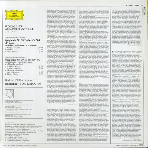 Wolfgang Amadeus Mozart Symphonien No. 38 'Prager' & No. 39 vinyl LP album (LP record) German WZMLPSY532105