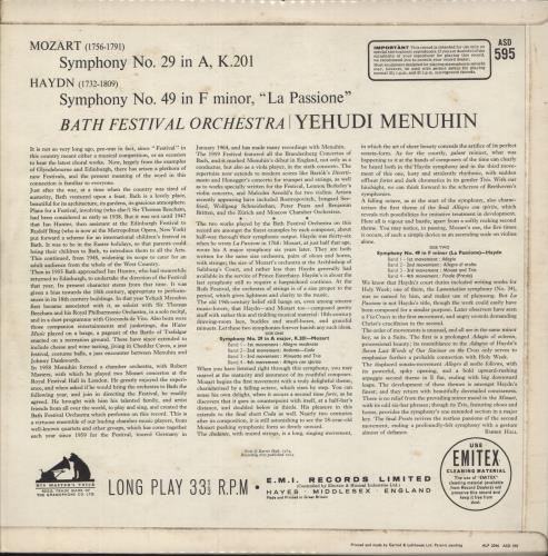 Wolfgang Amadeus Mozart Symphony No. 29 In A, K.201 / Symphony No. 49 In F Minor, "La Passione" vinyl LP album (LP record) UK WZMLPSY875749