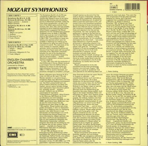 Wolfgang Amadeus Mozart Symphony No. 32 in G, No. 35 in D "Haffner" & No. 39 in E Flat vinyl LP album (LP record) German WZMLPSY771206