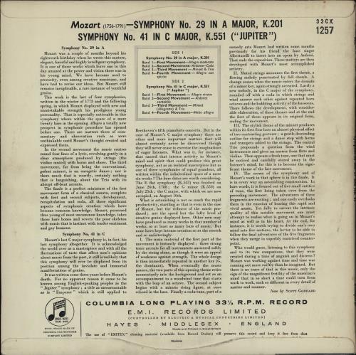Wolfgang Amadeus Mozart Symphony No.29 in A Major, K.201 / Symphony No.41 in C Major, K.551 ("Jupiter") vinyl LP album (LP record) UK WZMLPSY750545