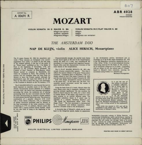 Wolfgang Amadeus Mozart Violin Sonata In D Major/ Violin Sonata In E Flat Major 10" vinyl single (10 inch record) UK WZM10VI762580