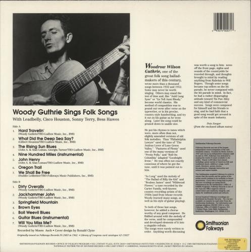 Woody Guthrie Sings Folk Songs vinyl LP album (LP record) US WDGLPSI871935