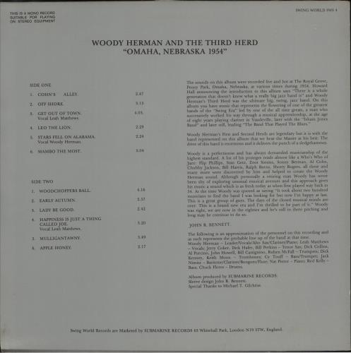 Woody Herman Omaha Nebraska 1954 vinyl LP album (LP record) UK WHMLPOM877028
