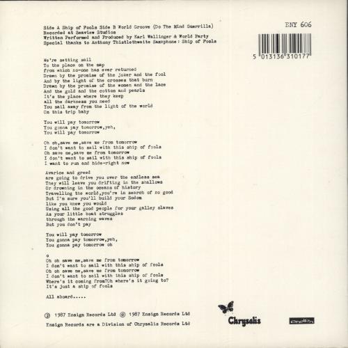 World Party Ship Of Fools - Blue Injection 7" vinyl single (7 inch record / 45) UK W-P07SH66869