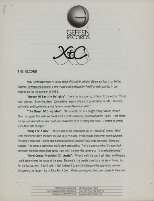 XTC Oranges And Lemons US Promo media press pack (52178) press page