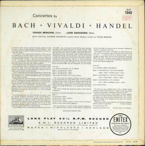 Yehudi Menuhin Concertos by Bach, Vivaldi, Handel vinyl LP album (LP record) UK YEHLPCO525191